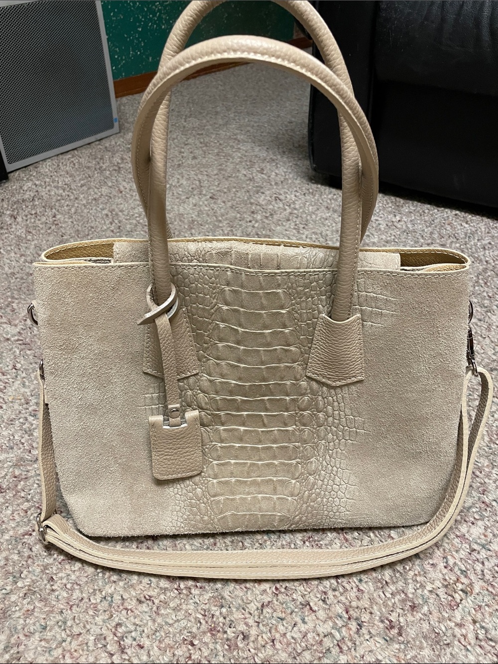Beige Croc-Embossed Suede Tote Bag with Detachable Strap
